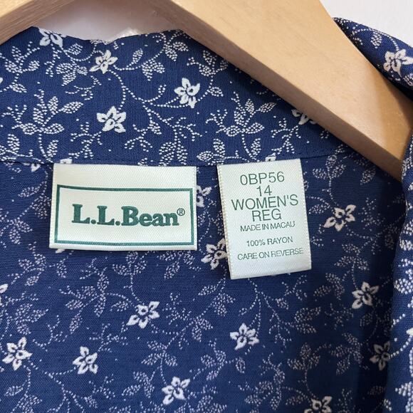 Vintage LL Bean Shirt Dress Size 14 Blue 90s Ditsy Cottage Tie Floral Modest - Picture 7 of 9